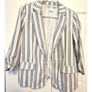 Carole Wren Gray and white striped linen open front blazer with 3/4 sleeves M